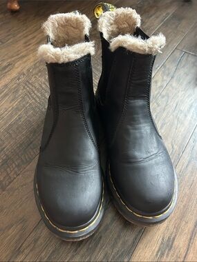 Dr. Martens Black Leather Chelsea Boots with Cream Faux-Fur Collar